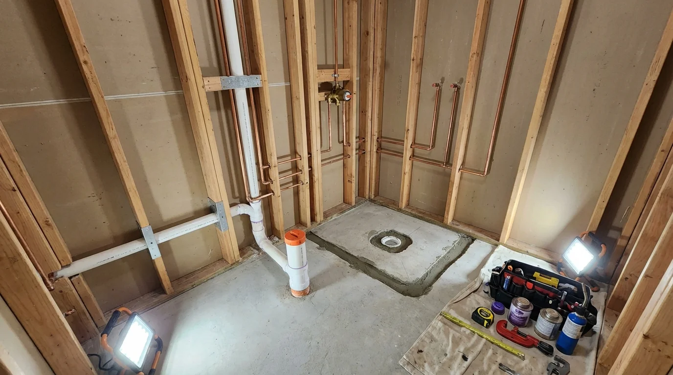 Bathroom rough-in plumbing during remodel by Johns Plumbing LLC in Dumas