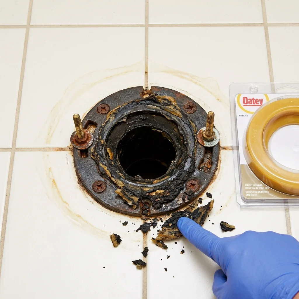 Failed wax ring showing water seepage at the base of a toilet in a Dumas, TX home