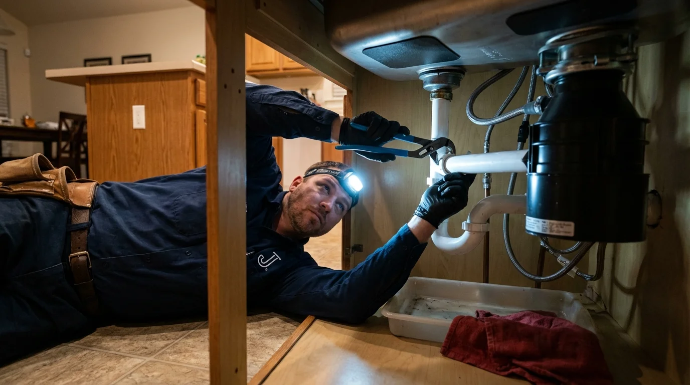 P-trap and supply line connections under a kitchen sink showing a common leak point in Dumas, TX